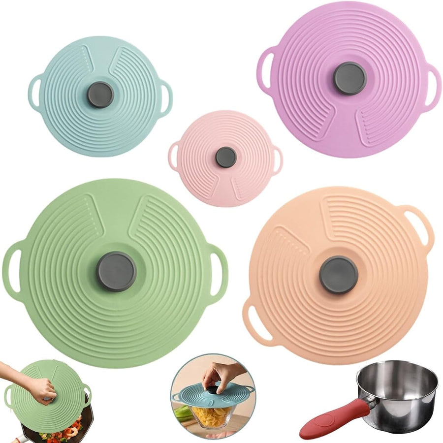 Five silicone stretch lids in green, pink, mint and peach with a pan close-up