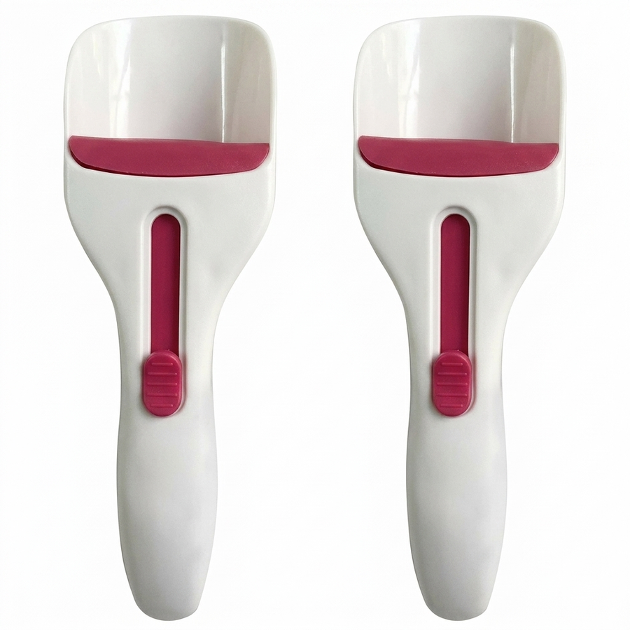 White and pink cake batter scoop shown from two angles