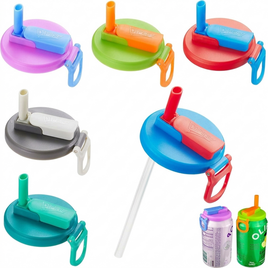 Soda can lids with straws in pink, green, red, grey, blue and teal