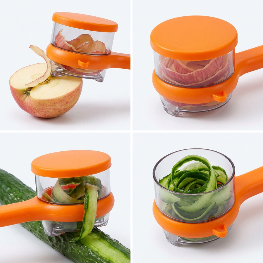 Orange vegetable peeler with the storage box collecting apple and cucumber peel