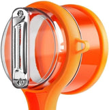 Close-up of the peeler blade and the clear peel-catching container