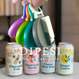 Six soda can lids hanging on a rack above four drink cans