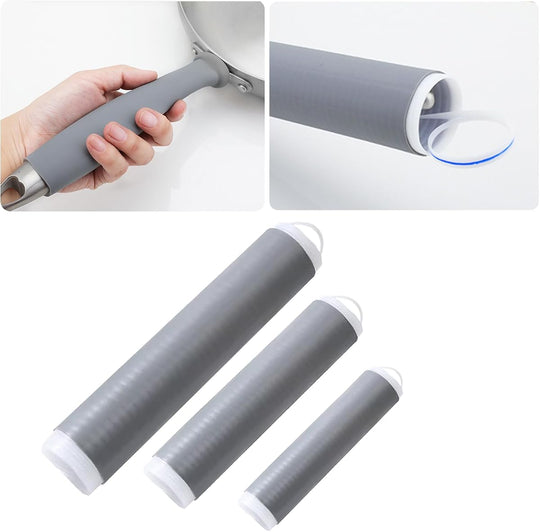 Hand gripping a hot pan handle covered by a grey silicone sleeve, with all three sizes below