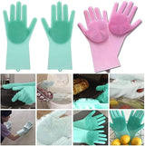 Mint and pink silicone gloves with close-ups of washing up and handling food