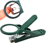 Green nail clipper with a swivel magnifying glass, beside a close-up of it trimming a fingernail