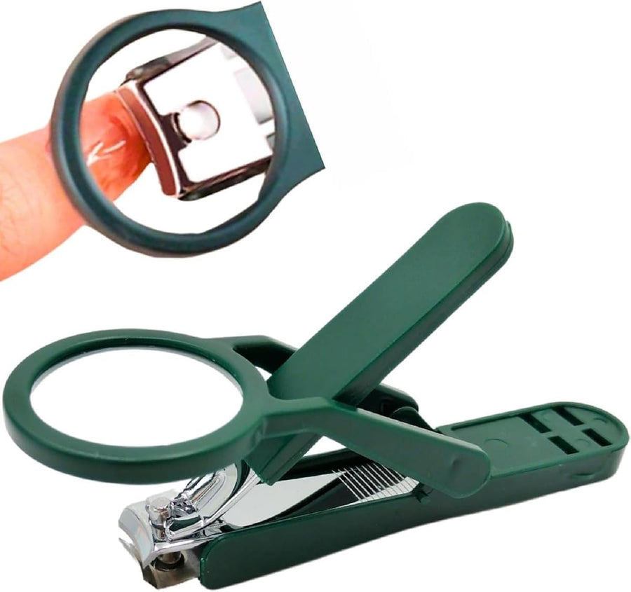 Green nail clipper with a swivel magnifying glass, beside a close-up of it trimming a fingernail