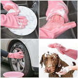 Pink gloves washing a plate, a bowl, a car wheel and a dog