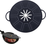 Black silicone anti-spill pot lid with side handles, above a pan of steak