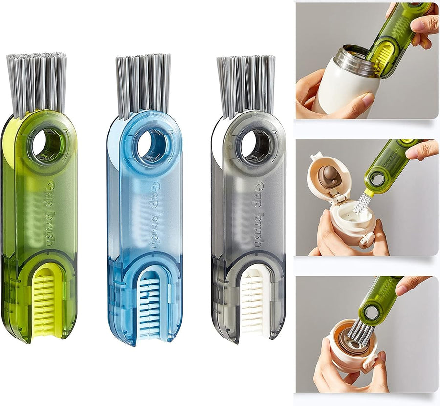 Three-in-one cup and bottle brushes in green, blue and grey with cleaning close-ups