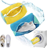 Yellow and blue mesh shoe wash bag with trainers and a washing machine