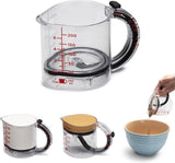 Clear adjustable measuring cup with lid, pouring brown sugar into a bowl