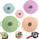 Five silicone stretch lids in green, pink, mint and peach with a pan close-up