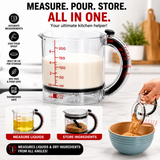 Feature panel: measures liquids and dry ingredients, easy pour spout, built-in lid