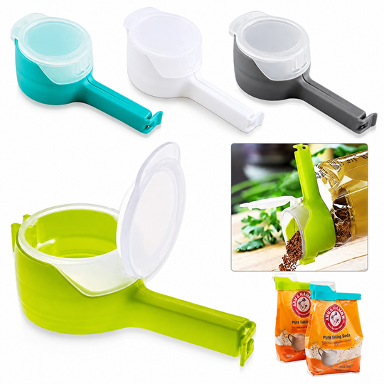 Food bag sealing clips in teal, white, grey and green with the flip lid open