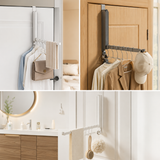 Over-door hanger holding shirts, a cap and towels in a bedroom and bathroom