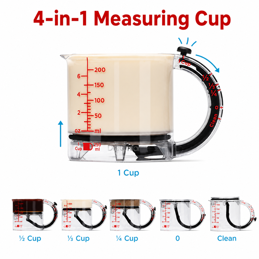 Four-in-one adjustable measuring cup with settings from half a cup to a quarter