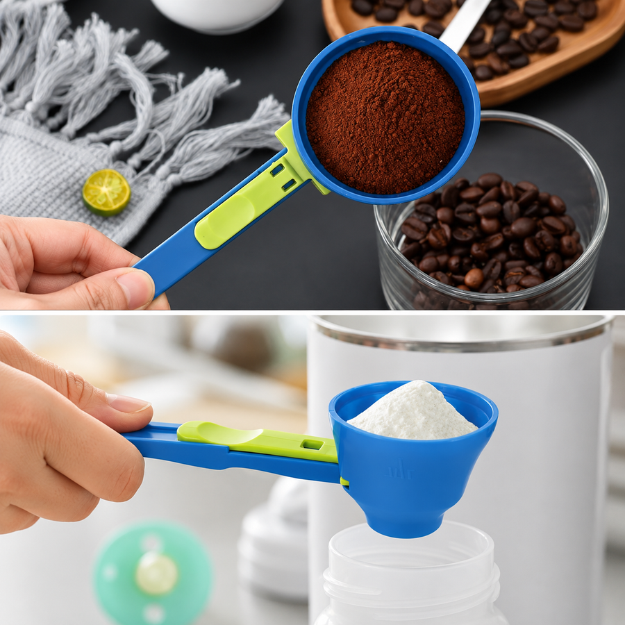 Green and blue measuring scoop lifting ground coffee, and filling a baby bottle