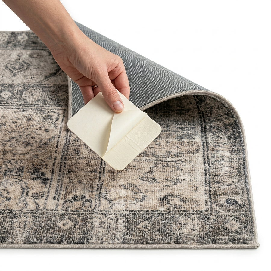 Sticking a white non-slip pad under the corner of a patterned rug