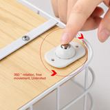 Pressing a caster wheel onto a shelf, showing 360 degree rotation