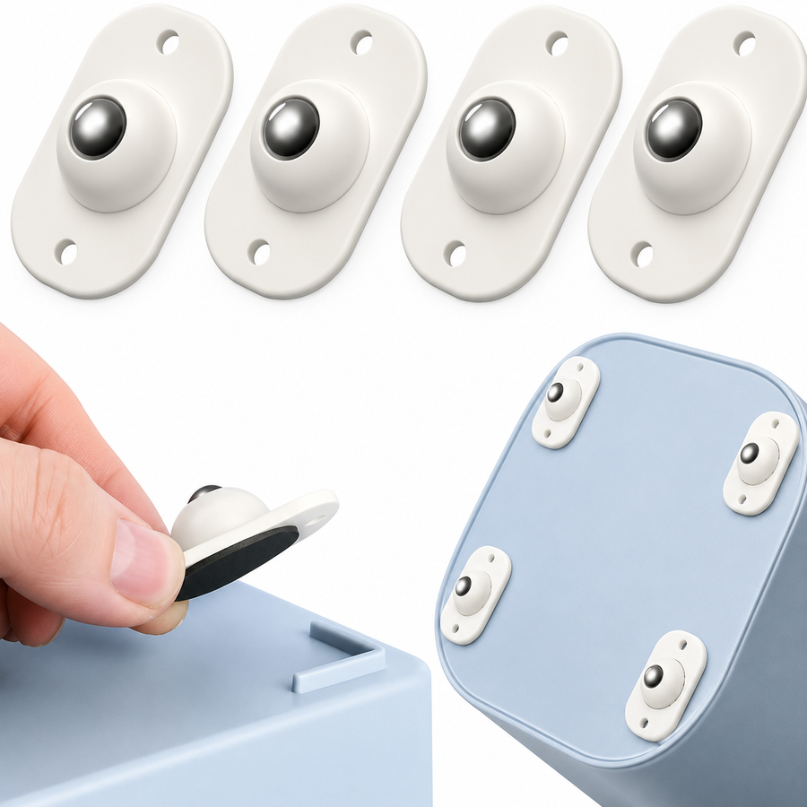 Four self-adhesive caster wheels, with one being stuck to a storage box