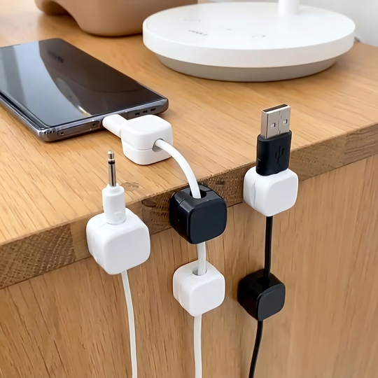 Black and white sticky cable clips holding phone and USB cables on a desk