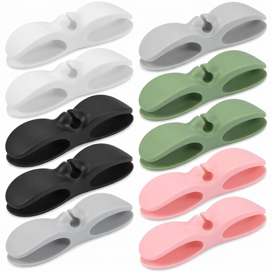 Silicone cable organisers in white, grey, black, green and pink