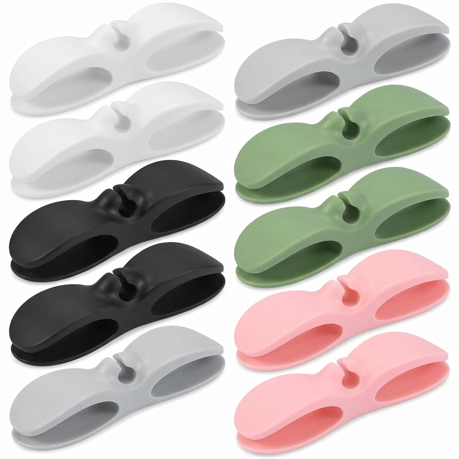 Silicone cable organisers in white, grey, black, green and pink