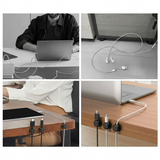 Cable clips tidying cords at a desk and beside a laptop