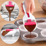 Dispensing chocolate batter into a cupcake tray with the scoop