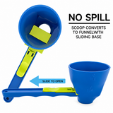 Diagram: the scoop slides open to become a funnel for spill-free pouring