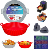 Red silicone air fryer liner with handles, shown with roast chicken and chips