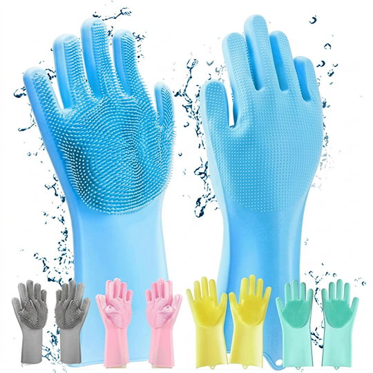 Blue silicone scrubbing gloves with bristles, plus the other colour options